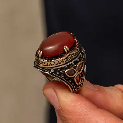 Gümüş Kırmızı Akik Taşlı Erkek Yüzük