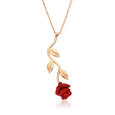 Gümüş Rose Kırmızı Gül Kolye