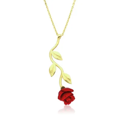 Gümüş Gold Kırmızı Gül Kolye