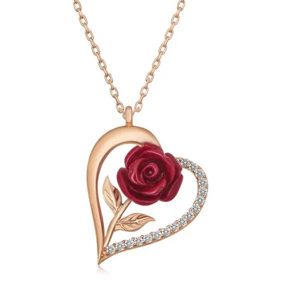 Gümüş Rose Kalpli Kırmızı Gül Kadın Kolye