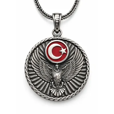 Gümüş Türk Kartalı ve Ay Yıldız Motifli Erkek Kolye