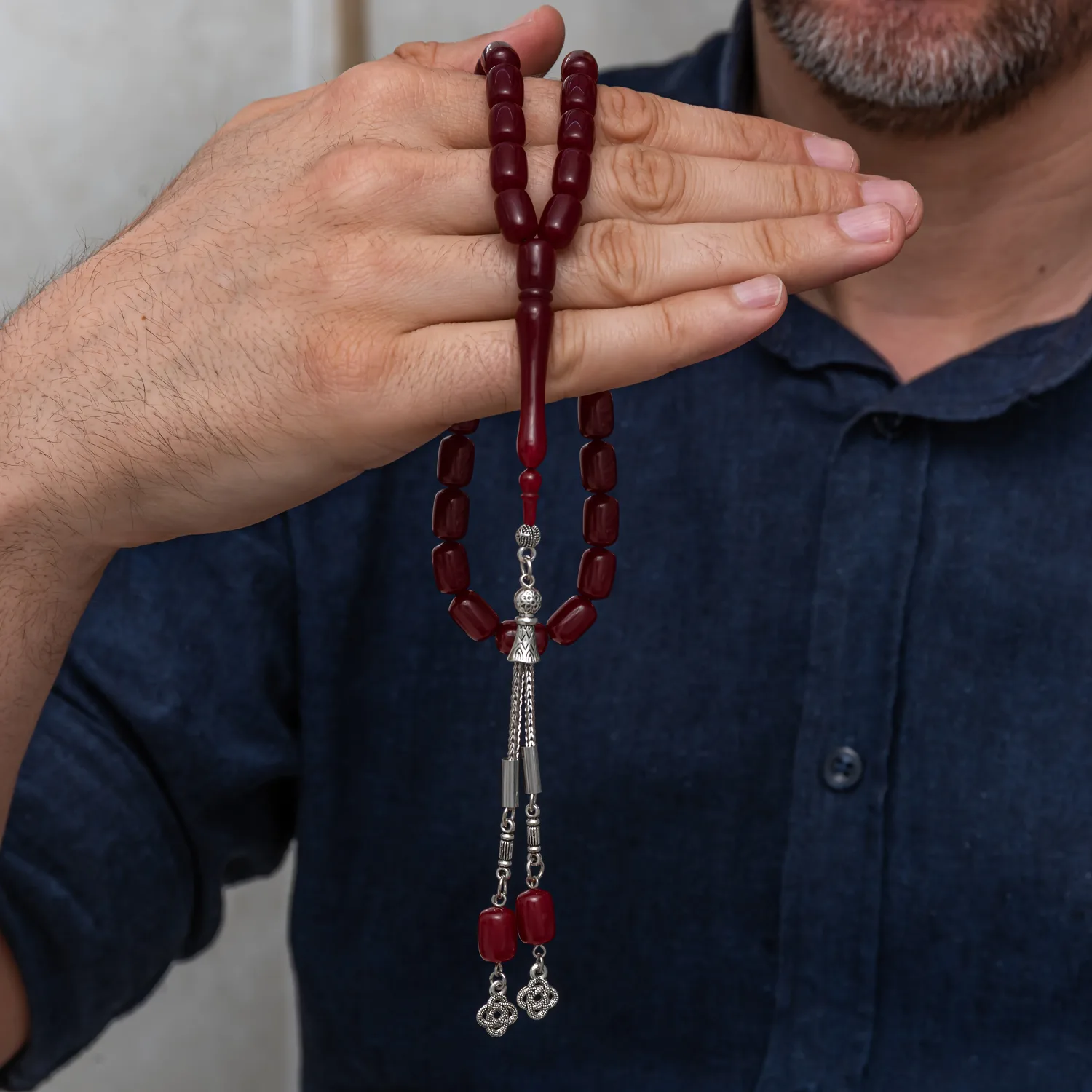Metal Püsküllü Kapsül Kesim Bordo Sıkma Kehribar Tesbih görsel 2