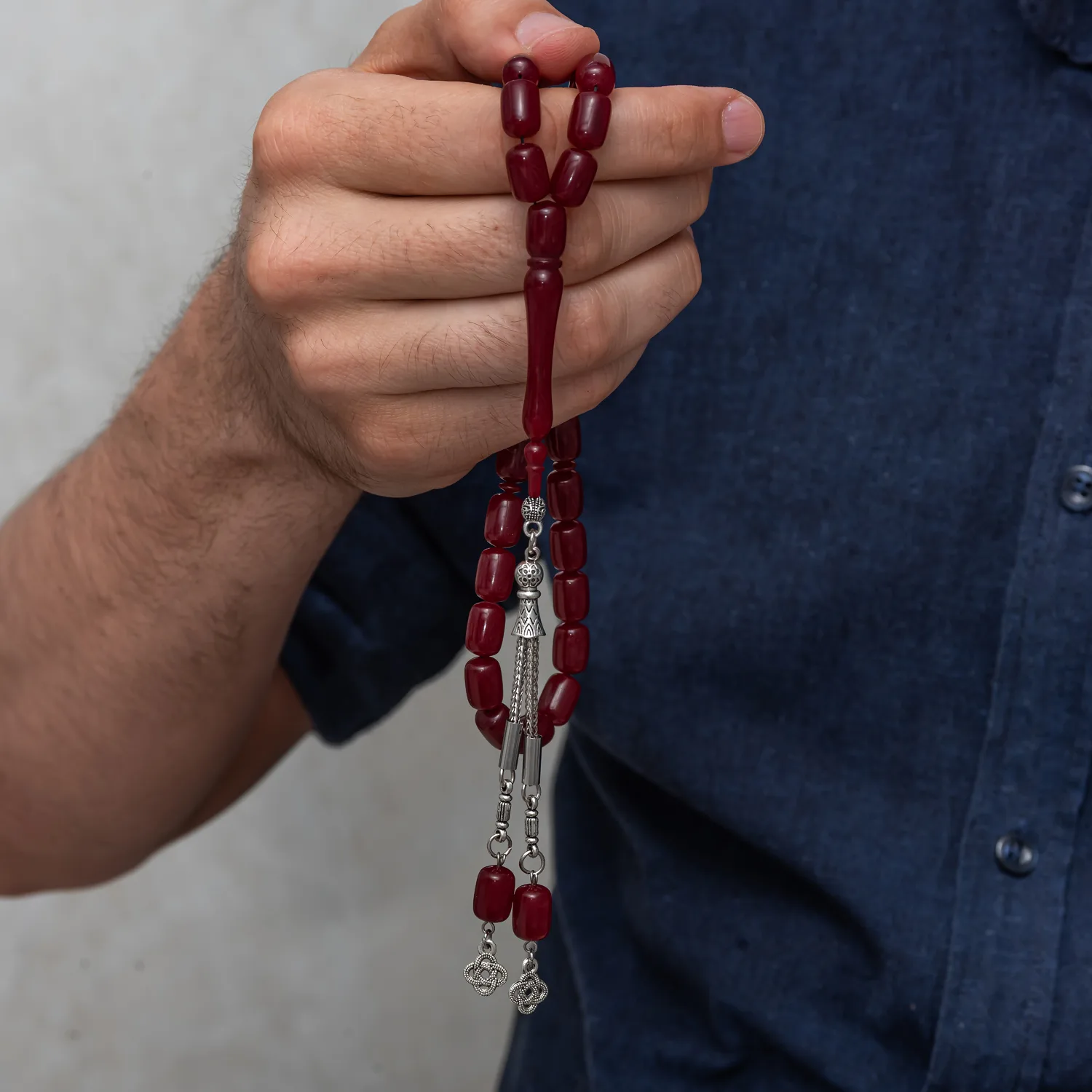 Metal Püsküllü Kapsül Kesim Bordo Sıkma Kehribar Tesbih görsel 3