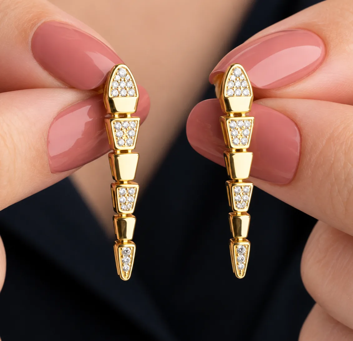 Gümüş Gold Zirkon Taşlı Yılan Kadın Küpe görsel 2