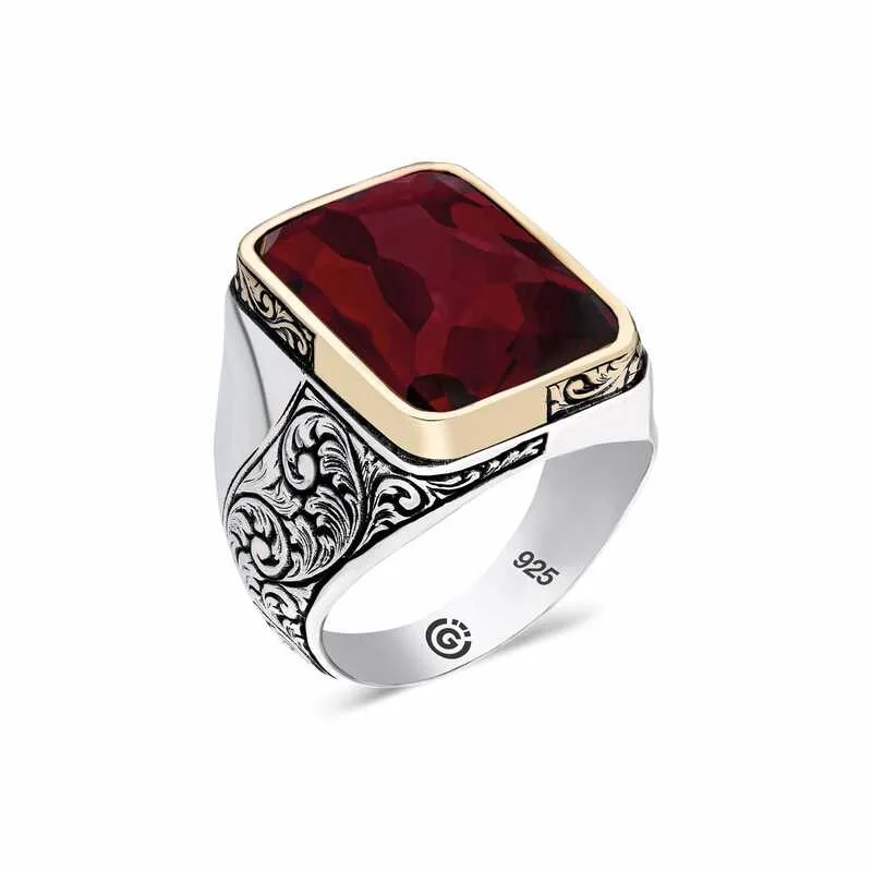 Gümüş Bordo Taşlı Köşeli Erkek Yüzük
