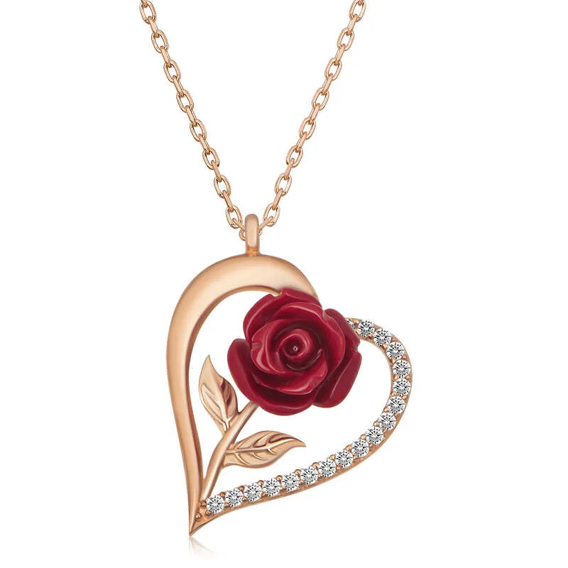 Gümüş Rose Kalpli Kırmızı Gül Kadın Kolye