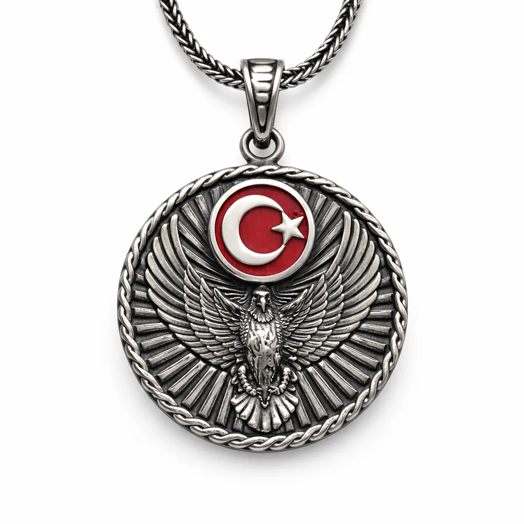 Gümüş Türk Kartalı ve Ay Yıldız Motifli Erkek Kolye görsel 1